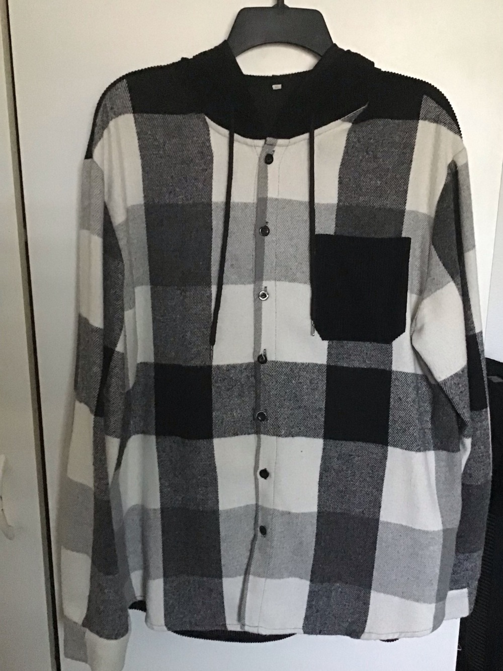 Men's Plaid Hooded Button-Up Shirt Jacket in Black & Gray